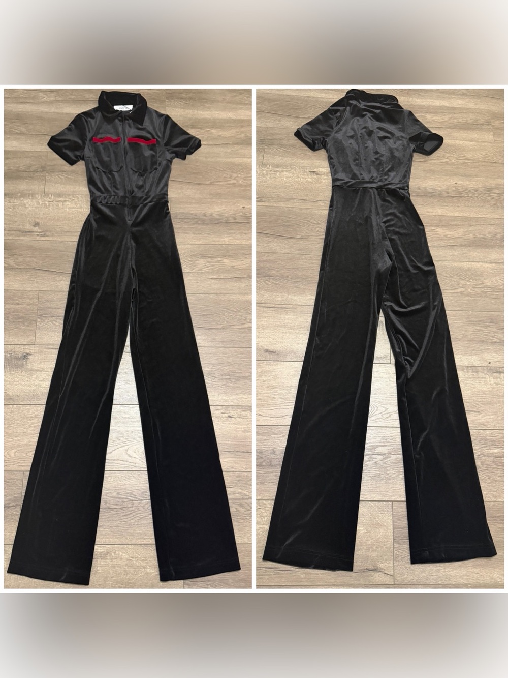 Peachy Den Kernel Velour Velvet Jumpsuit Black Red Short Sleeve Size Xs Nwt — image 2 of 8